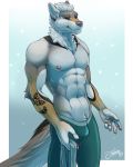  2018 5_fingers abs anthro biceps blue_eyes brown_fur brown_nose brown_skin bulge canine clothing feralise fingerpads fingers fur hair holding_object looking_aside male mammal multicolored_fur multicolored_skin muscular muscular_male neck_tuft nipples orange_fur pants smile solo standing tan_fur tattoo tuft white_fur white_hair white_skin wolf 