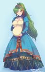  breasts commentary commission dress earrings fire_emblem fire_emblem:_rekka_no_ken fire_emblem_heroes green_eyes green_hair high_ponytail highres jewelry long_hair looking_at_viewer lyndis_(fire_emblem) magical_ondine ponytail pregnant simple_background smile solo very_long_hair 