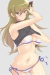  ass_visible_through_thighs bare_shoulders bikini bikini_under_clothes black_shirt blush breasts brown_eyes brown_hair card cleavage clenched_teeth cowboy_shot grey_background hair_between_eyes hand_under_clothes highres holding holding_card lips long_hair looking_at_viewer medium_breasts navel nukkoru parted_lips shirt side-tie_bikini simple_background sleeveless sleeveless_shirt solo string_bikini swimsuit teeth tenjouin_asuka underboob white_bikini yuu-gi-ou yuu-gi-ou_gx 