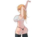  arm_up armpits ass back black_legwear black_panties bra breasts cleavage covered_nipples cowboy_shot eyebrows_visible_through_hair from_behind highres hikaru_ga_chikyuu_ni_itakoro large_breasts light_smile long_hair looking_at_viewer looking_back orange_eyes outline panties puffy_nipples shikibu_honoka shiny shiny_clothes shiny_hair shiny_skin sima_(startwitch) simple_background skindentation solo sports_bra stretch thighhighs thong toned underwear underwear_only white_background white_bra 