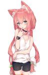  animal_ear_fluff animal_ears bare_shoulders bike_shorts black_choker black_shorts blue_eyes blush breasts cat_ears choker cleavage commentary_request eyebrows_visible_through_hair finger_to_mouth hair_bobbles hair_ornament highres hinata_channel long_hair looking_at_viewer low_twintails naughty_face nekomiya_hinata orange_legwear paryi pink_hair shorts simple_background sleeveless small_breasts solo tank_top thigh_gap thighhighs twintails very_long_hair virtual_youtuber white_background white_tank_top 