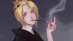  blonde_hair gintama hair_ornament japanese_clothes kimono kiseru looking_at_viewer luvsyung pink_eyes pipe scar short_hair smoke solo tsukuyo_(gintama) 