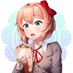  :3 blue_eyes blush bow commentary cookie doki_doki_literature_club english_commentary eyebrows_visible_through_hair food food_on_face hair_bow heart heart_in_eye highres natsuki_(doki_doki_literature_club) open_mouth pink_hair red_bow sasoura sayori_(doki_doki_literature_club) school_uniform short_hair solo symbol_in_eye upper_body 