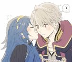  1girl blue_hair blush cape closed_eyes couple fire_emblem fire_emblem:_kakusei hetero hood jewelry kiss long_hair lucina male_my_unit_(fire_emblem:_kakusei) moriya_(sorairo717) my_unit_(fire_emblem:_kakusei) robe simple_background smile tiara white_hair 