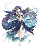  anklet aqua_eyes barefoot crop_top fins frills full_body hands_on_own_chest harp instrument jewelry ji_no long_hair midriff music navel ningyo_hime_(sinoalice) official_art open_mouth purple_hair sailor_collar singing sinoalice solo transparent_background very_long_hair water 