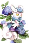  blue_hair commentary crossed_legs dated english_commentary flower full_body furry gen_6_pokemon highres kayveedee leaf meowstic multiple_tails no_humans pokemon pokemon_(creature) purple_flower red_eyes signature simple_background sitting solo tail two_tails white_background yellow_sclera 