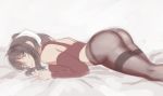 artist_request ass black_hair blue_eyes bow breasts closed_mouth hair_bow large_breasts long_hair lying no_pants noihara_himari omamori_himari on_stomach pale_color panties panties_under_pantyhose pantyhose ponytail solo underwear white_bow 