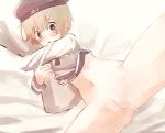  1girl anus bangs bed_sheet blonde_hair blue_eyes blush bottomless eyebrows_visible_through_hair female from_above hat heart heart-shaped_pupils kantai_collection long_sleeves lying navel niwa_(eufd3252) on_back open_mouth pillow pillow_hug pussy red_hat shirt short_hair solo split spread_legs symbol-shaped_pupils uncensored white_bed_sheet white_shirt z1_leberecht_maass_(kantai_collection) 