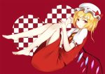  barefoot blonde_hair commentary eyebrows_visible_through_hair flan_(seeyouflan) flandre_scarlet frown full_body highres knees_to_chest looking_at_viewer puffy_short_sleeves puffy_sleeves red_background red_eyes red_shirt red_skirt shirt short_sleeves simple_background skirt skirt_set solo touhou 