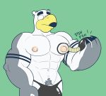  abs anthro anti_dev avian ayden_(brogulls) beak bird brogulls bulge clothed clothing english_text green_background holding_object male muscular nipple_pump nipples pubes seagull simple_background solo standing text topless 