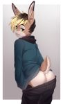  anthro big_butt butt clothed clothing girly iwbitu lagomorph looking_back male mammal nicki_(ott_butt) open_mouth pants_down partially_clothed rabbit smile solo standing 