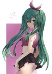  624099271 ass commentary_request cowboy_shot crop_top dated from_side green_eyes green_hair hair_between_eyes hair_ribbon hatsune_miku highres long_hair looking_at_viewer midriff number_tattoo ribbon skirt smile solo tattoo twintails very_long_hair vocaloid 