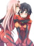  1girl ass bangs black_hair blue_eyes blush bodysuit breasts commentary_request cosplay couple darling_in_the_franxx evangelion:_3.0_you_can_(not)_redo eyebrows_visible_through_hair green_eyes hand_on_another's_neck herozu_(xxhrd) hetero hiro_(darling_in_the_franxx) horns large_breasts long_hair looking_back neon_genesis_evangelion oni_horns pilot_suit pink_hair plugsuit rebuild_of_evangelion red_bodysuit red_horns shikinami_asuka_langley souryuu_asuka_langley souryuu_asuka_langley_(cosplay) sweatdrop zero_two_(darling_in_the_franxx) 