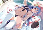  1girl absurdres bed blue_hair flower food fruit hair_flower hair_ornament hat highres hinanawi_tenshi long_hair lying on_back peach petals red_eyes sailor_collar see-through swimsuit tetsurou_(fe+) thighhighs touhou 