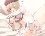  1girl bangs bed_sheet blonde_hair blue_eyes blush bottomless disembodied_limb eyebrows_visible_through_hair female fingering from_above hat heart heart-shaped_pupils japanese_text kantai_collection long_sleeves lying motion_lines navel niwa_(eufd3252) on_back open_mouth pillow pillow_hug pussy_juice red_hat saliva shirt short_hair solo split spread_legs symbol-shaped_pupils tears text_focus translation_request trembling vaginal white_bed_sheet white_shirt z1_leberecht_maass_(kantai_collection) 