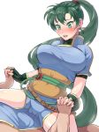  1girl blue_dress blush boris_(noborhys) breasts clothed_sex cowgirl_position dress faceless faceless_male fingerless_gloves fire_emblem gloves green_eyes green_hair hand_holding heart highres implied_sex large_breasts long_hair looking_down lyndis_(fire_emblem) motion_lines open_mouth pelvic_curtain ponytail short_sleeves side_slit simple_background spread_legs straddling sweatdrop white_background 