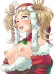  1girl alternate_costume areolae bar_censor bare_shoulders blonde_hair blue_eyes boris_(noborhys) breasts censored christmas cum cum_in_mouth cum_on_body cum_on_upper_body cum_string detached_collar fire_emblem fire_emblem:_kakusei fire_emblem_heroes fur_trim hat heart highres liz_(fire_emblem) medium_breasts mistletoe nipples one_eye_closed open_mouth puffy_nipples santa_hat short_hair simple_background solo sweat tongue twintails upper_body white_background 