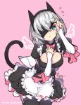  :o alternate_costume animal_ears apron black_blindfold black_dress black_legwear blindfold blindfold_lift blindfold_slip blue_eyes blush breasts cat_ears cat_tail cleavage_cutout dress enmaided flying_sweatdrops grey_hair hairband hong_(white_spider) kemonomimi_mode large_breasts leaning_forward long_sleeves looking_at_viewer maid maid_apron nier_(series) nier_automata one_eye_covered parted_lips patreon_username pink_background short_hair simple_background solo standing tail thighhighs white_apron wings yorha_no._2_type_b 