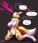  2018 anthro arashidrgn big_breasts breasts canine digimon drooling female fur hypnosis kneeling mammal mind_control nipples nude open_mouth psychic pussy renamon saliva solo text tuft video_games white_fur yellow_fur 