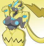  &lt;3 blonde_hair blue_areola blue_eyes blue_fur blue_hair chest_tuft crotch_tuft female fur hair inverted_nipples navel nintendo nipples open_mouth open_smile pok&eacute;mon pok&eacute;mon_(species) reitounek rosy_cheeks simple_background smile solo tuft video_games yellow_background yellow_fur zeraora 