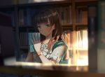  bag blue_eyes blush book bookshelf brown_hair collarbone commentary dark handbag holding holding_book indoors jewelry kinugasa_yuuichi library long_hair necklace original solo sunlight upper_body watch wristwatch 