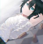  androgynous black_hair blue_eyes blurry bullet closed_mouth collared_shirt commentary depth_of_field expressionless eyelashes hair_between_eyes kino kino_no_tabi long_sleeves looking_at_viewer luo. lying on_back shirt short_hair tomboy white_shirt 