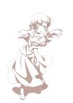  absurdres anno_masato arm_under_breasts blouse blush breast_hold breasts closed_eyes dress eyebrows_visible_through_hair highres kyouzuka_shion large_breasts long_hair monochrome open_mouth shoes skirt slow_start smile solo standing white_background wind 