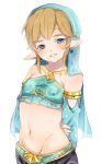  armpits blonde_hair blue_eyes blush circlet crossdressing earrings gerudo_link highres jewelry link male_focus midriff navel otoko_no_ko pointy_ears seitarou smile solo the_legend_of_zelda the_legend_of_zelda:_breath_of_the_wild 