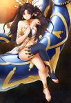  anklet armlet barefoot black_bow black_hair bow breasts detached_sleeves earrings fate/grand_order fate_(series) finalcake full_body hair_bow hand_on_own_chest highres ishtar_(fate/grand_order) jewelry long_hair long_legs looking_at_viewer navel red_eyes single_detached_sleeve single_thighhigh sitting small_breasts solo thighhighs tiara very_long_hair 
