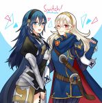  absurdres armor armored_dress blue_cape blue_eyes blue_hair blush cape commentary cosplay costume_switch eyebrows_visible_through_hair faithoala female_my_unit_(fire_emblem_if) female_my_unit_(fire_emblem_if)_(cosplay) fingerless_gloves fire_emblem fire_emblem:_kakusei fire_emblem_heroes fire_emblem_if fire_emblem_musou gloves hair_between_eyes hair_ornament hairband highres long_hair looking_at_viewer lucina lucina_(cosplay) multiple_girls my_unit_(fire_emblem_if) one_eye_closed pointy_ears red_eyes ribbed_sweater smile sweater thighhighs tiara twitter_username white_hair 