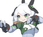  android bright_pupils cheri_zao crop_top eyebrows_visible_through_hair fighting_stance fingerless_gloves gloves green_eyes headgear kung_fu original simple_background smile solo upper_body v-shaped_eyebrows white_background white_hair 