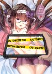  black_hair breasts caution_tape cloak commentary fate/grand_order fate_(series) glasses hair_bobbles hair_ornament hairband heart hood hood_down hooded_cloak keep_out large_breasts long_hair osakabe-hime_(fate/grand_order) out_of_frame pleated_skirt pov pov_hands purple-framed_eyewear purple_eyes purple_skirt ribbon semi-rimless_eyewear sesield skirt solo_focus spoken_heart stylus tablet under-rim_eyewear 