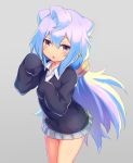  blue_hair blush commentary_request crossdressing hacka_doll hacka_doll_3 highres long_hair long_sleeves looking_at_viewer male_focus otoko_no_ko ponytail purple_eyes skirt sleeves_past_fingers sleeves_past_wrists solo sweater tgh326 very_long_hair 