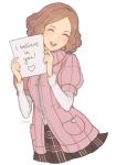  ^_^ artist_name brown_hair closed_eyes commentary english heart highres holding holding_sign jivke okumura_haru persona persona_5 pink_sweater plaid plaid_skirt ribbed_sweater shuujin_academy_uniform sign skirt smile solo sweater 