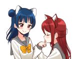  animal_ears blue_hair blush cat_ears closed_eyes deadnooodles hair_bun licking licking_hand long_hair long_sleeves love_live! love_live!_sunshine!! multiple_girls pink_eyes red_hair sakurauchi_riko school_uniform serafuku smile tongue tongue_out tsushima_yoshiko uranohoshi_school_uniform 