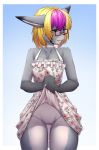  2018 anthro blush bottomless clitoral_hood clitoris clothed clothing clothing_lift darkduck64 digital_media_(artwork) dress dress_lift eyewear feline female flashing fur glasses hair hi_res iwbitu lynx mammal presenting presenting_pussy pussy sarah_fulton simple_background smile solo 