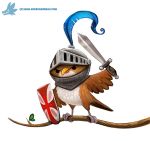  ambiguous_gender anthro armor avian beak bird black_eyes blue_feathers branch brown_feathers cryptid-creations feathered_wings feathers helmet knight melee_weapon nightingale shield simple_background sword weapon white_background white_feathers wings 