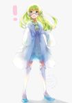  1girl alternate_costume blonde_hair braid dress glasses kokoroko labcoat lillie_(pokemon) long_hair long_sleeves open_clothes open_mouth pokemon pokemon_(game) pokemon_sm solo twin_braids white_dress 