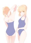  ahoge arm_up artoria_pendragon_(all) ass back bangs blonde_hair blue_swimsuit braid braided_bun breasts casual_one-piece_swimsuit closed_mouth collarbone cowboy_shot eyebrows_visible_through_hair facing_away fate_(series) flat_ass flat_color from_behind from_side green_eyes hair_bun halterneck head_tilt hips multiple_views one-piece_swimsuit saber sidelocks sideways_glance simple_background small_breasts standing swimsuit thighs white_background zdl_xiaobai 