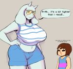  2018 anthro big_breasts blood blush boss_monster breasts caprine clothing dialogue female goat horn latchk3y long_ears male mammal navel nosebleed protagonist_(undertale) shirt shorts sweat sweatdrop text toriel undertale video_games 