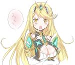  :o armor arms_under_breasts blonde_hair blush breast_hold breasts cleavage cleavage_cutout commentary_request highres hikari_(xenoblade_2) large_breasts long_hair looking_at_viewer open_mouth simple_background solo translated tsundere v-shaped_eyebrows white_background xenoblade_(series) xenoblade_2 yellow_eyes zero-theme 