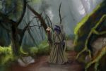  2018 anthro avian beak bird black_feathers claws cloak clothed clothing corvid detailed_background digital_media_(artwork) dolphinwarrior feathers forest grackle hi_res kenku magic_user male outside solo staff swamp toe_claws tree witchdoctor 