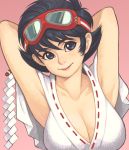  armpits arms_up black_hair blue_eyes breasts cleavage collarbone commentary_request goggles goggles_on_head japanese_clothes koyori large_breasts light_smile lips maou_alba miko sengoku_ace sengoku_blade short_hair solo 