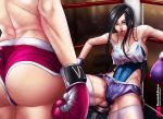  alternate_costume armpits ass back bare_shoulders black_hair blue_eyes blue_swimsuit boxing boxing_gloves boxing_ring boxing_shorts breasts caitlyn_(league_of_legends) cleavage collarbone covered_navel crop_top facing_another from_behind large_breasts league_of_legends lord_dominik multiple_girls open_mouth see-through short_shorts shorts stool sweat sweatdrop swimsuit tank_top thighhighs thighs tired vi_(league_of_legends) white_tank_top 