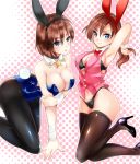  all_fours animal_ears armpits arms_up bikini black_bikini black_legwear blue_eyes blue_leotard blush breasts brown_hair brown_legwear bunny_ears bunny_girl bunny_tail bunnysuit choker claire_redfield commentary_request detached_collar high_heels jill_valentine large_breasts leotard long_hair medium_breasts multiple_girls nagare navel pantyhose polka_dot polka_dot_background resident_evil resident_evil_2 resident_evil_code:_veronica short_hair smile star strapless strapless_leotard sweatdrop swimsuit tail thighhighs vest wrist_cuffs 