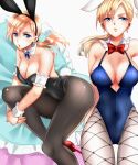  animal_ears armband black_legwear blonde_hair blue_eyes bow bowtie breasts bunny_ears bunny_girl bunny_tail bunnysuit character_request cleavage commentary_request covered_navel detached_collar earrings fake_animal_ears fishnet_pantyhose fishnets high_heels jewelry jill_valentine large_breasts leotard long_hair low_ponytail multiple_girls nagare pantyhose pillow red_footwear resident_evil resident_evil_5 sheer_legwear strapless strapless_leotard tail 