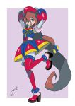  absurdly_long_hair adapted_costume android belt beret blush boots border breasts brown_hair dress eyebrows_visible_through_hair full_body hair_between_eyes hand_on_head hand_on_headwear hand_on_own_head hat high_heels highres iris_(rockman_x) leg_up long_hair looking_at_viewer looking_to_the_side low-tied_long_hair medium_breasts open_mouth outside_border red_hat rockman rockman_x rockman_x4 signature solo standing sumomo teeth thigh_boots thighhighs very_long_hair white_border 