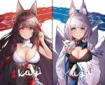  akagi_(azur_lane) animal_ears arm_under_breasts azur_lane bangs blue_eyes blunt_bangs blush breast_hold breasts brown_hair character_name cleavage commentary_request eto_(nistavilo2) eyebrows_visible_through_hair fox_ears fox_mask fox_tail gloves highres holding japanese_clothes kaga_(azur_lane) large_breasts long_hair looking_at_viewer mask multiple_girls multiple_tails red_eyes rigging shikigami short_hair sidelocks skirt smile tail upper_body white_hair wide_sleeves wristband 