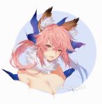  animal_ear_fluff animal_ears bare_shoulders blue_bow bow breasts character_name cleavage copyright_name fate/extra fate_(series) fox_ears hair_between_eyes hair_bow highres long_hair long_sleeves looking_at_viewer pink_hair sola7764 tamamo_(fate)_(all) tamamo_no_mae_(fate) upper_body yellow_eyes 