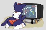  anthro butt cat clothed clothing feline female fur latchk3y mae_(nitw) mammal night_in_the_woods nintendo nintendo_entertainment_system notched_ear panties red_eyes shirt television underwear video_games whiskers 
